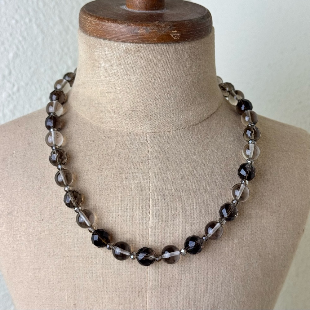 Smoky Quartz Crystal Beaded Necklace Handmade with Pewter Toggle